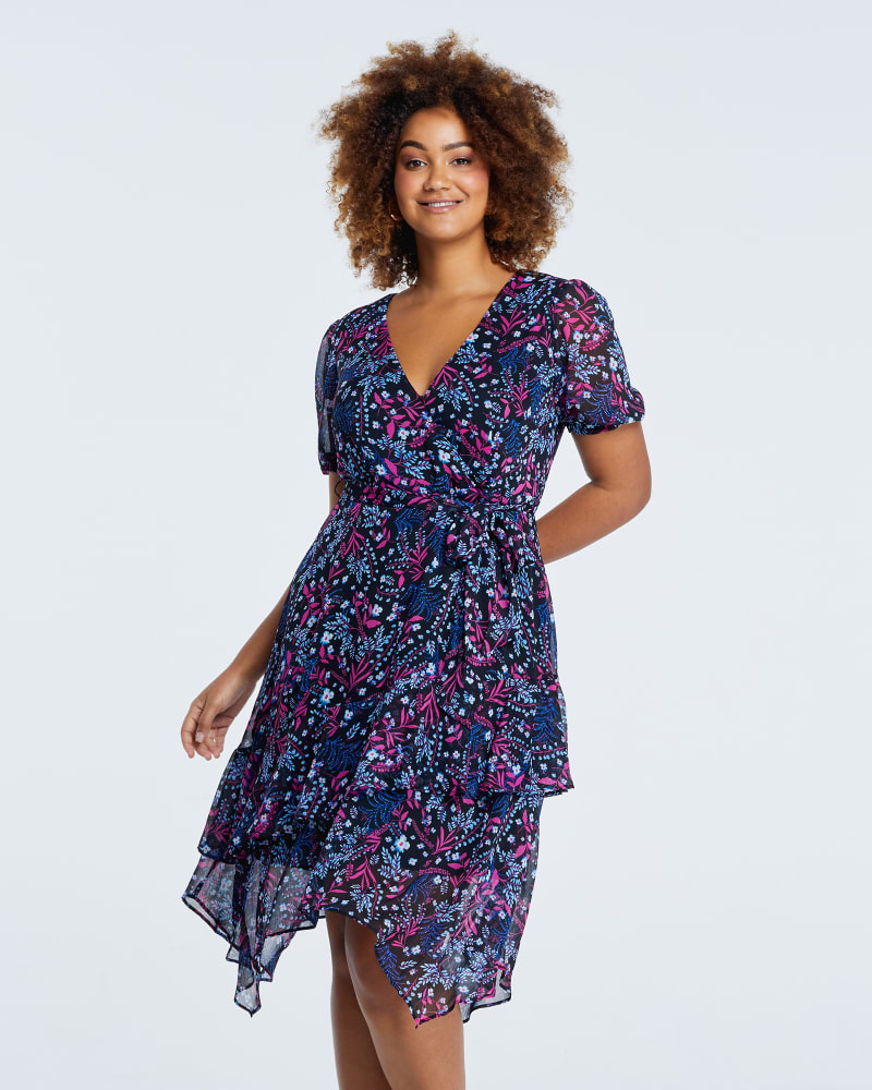 Front of a model wearing a size 4X Garland Dress in Pink Print by Estelle. | dia_product_style_image_id:264704